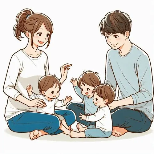 Bố mẹ ngồi đối diện, ba bé chơi đồ chơi, khung cảnh phòng khách ấm áp.