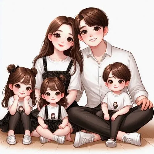 Cả nhà ngồi sát nhau, hai bé song sinh, một bé nhỏ, dáng ngồi rất tự nhiên.