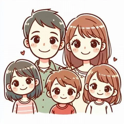 Phong cách chibi đầu to, ba bé đứng dưới, bố mẹ phía sau, mắt long lanh.