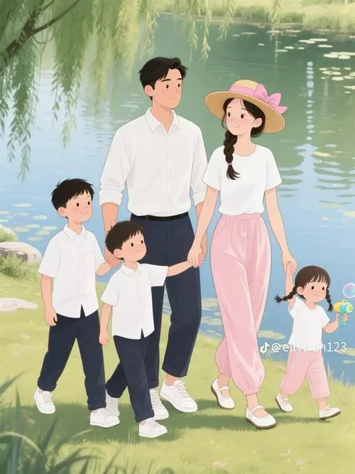 Cảnh đi dạo ngoài trời, bố mẹ nắm tay, ba bé chạy theo, nền cỏ xanh mát.