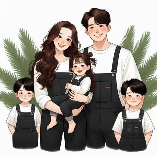 Bố mẹ mặc đồ đen trắng, ba bé mặc yếm, đứng thành hàng, phong cách tối giản.