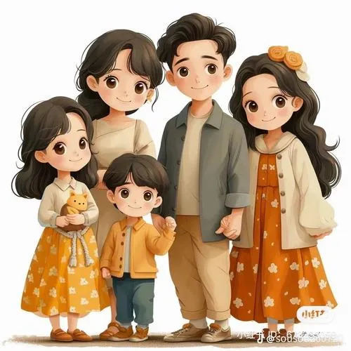 Gia đình 5 người chibi tông cam nâu, các bé mặc váy đồng điệu, nét vẽ mềm.