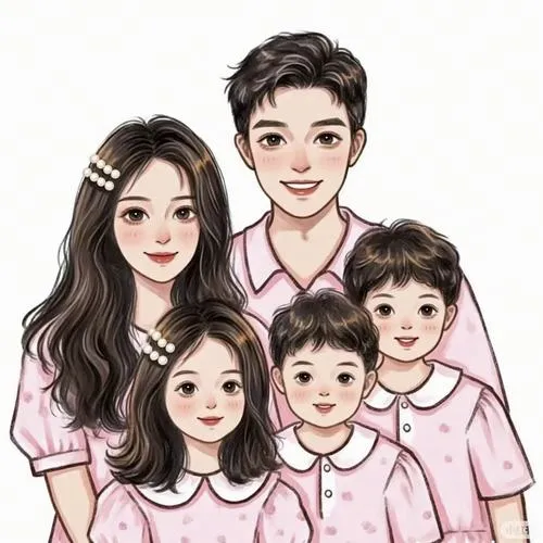 Cả nhà mặc đồ hồng, bố mẹ ở giữa, ba bé sát vai, nền trắng tinh.