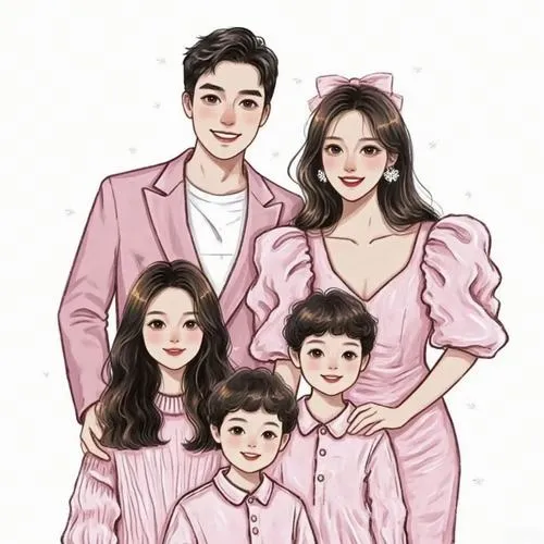 Bộ đồ hồng tím thanh lịch, bố mẹ bế bé nhỏ, hai bé còn lại cười tươi.