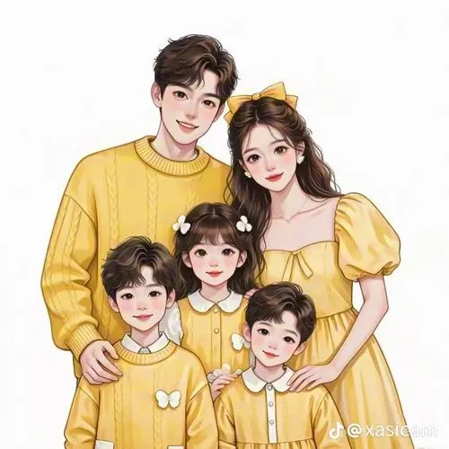 Trang phục vàng đồng bộ, bố mẹ đứng sau, ba bé phía trước, nhìn như ảnh kỷ niệm.