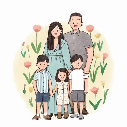 Bố mẹ dắt ba bé giữa vòng hoa lá, tông xanh dịu, không khí trong trẻo.