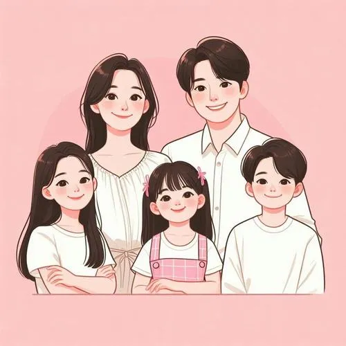 Gia đình 5 người chibi nền hồng, bố mẹ mỉm cười, ba bé đứng sát nhau.