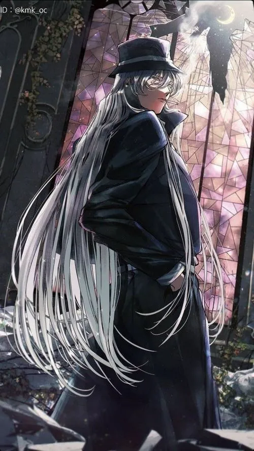 Hình nền điện thoại Gin bước dưới tán hoa, mũ phớt và tóc bạc nổi bật, cảm giác bí ẩn