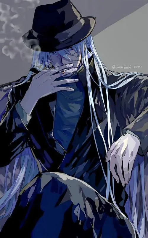 Ảnh ngầu Gin ngồi tựa ghế, áo măng tô rũ xuống, tông xanh đậm làm dày bóng tối