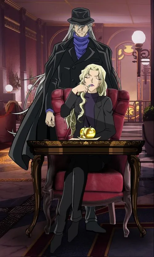 Hình Gin trong quán tối, dáng đứng trấn áp, bối cảnh bàn ghế làm cảnh truy vết thêm thật