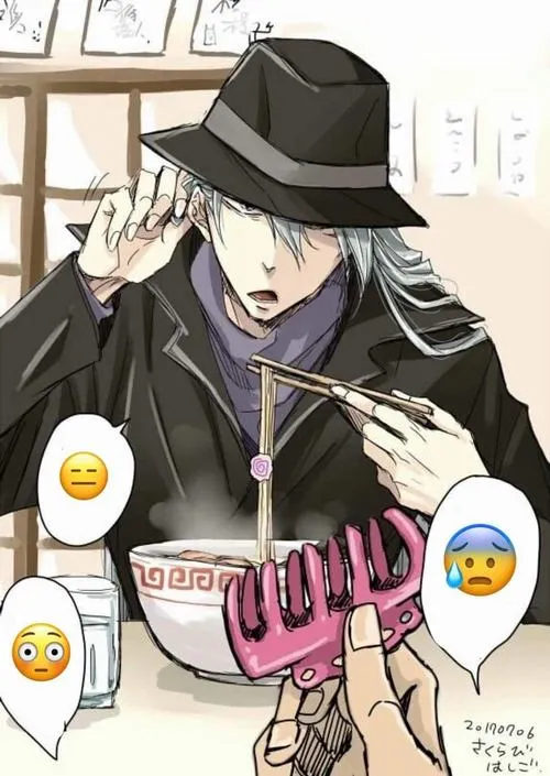 Ảnh manga Gin đội mũ phớt, tay nâng vành mũ, thêm hiệu ứng vui nhưng vẫn giữ thần thái