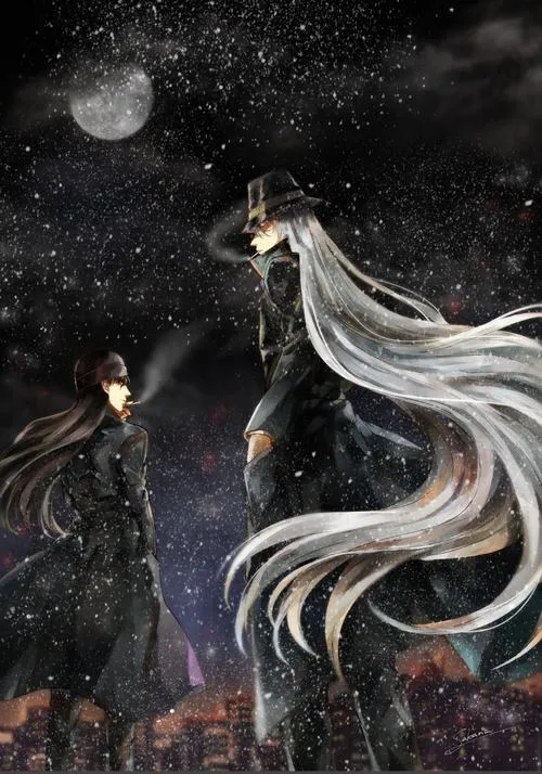 Ảnh đẹp Gin trong đêm sao, bóng đổ dày và khói mờ, tạo không khí nguy hiểm kiểu anime