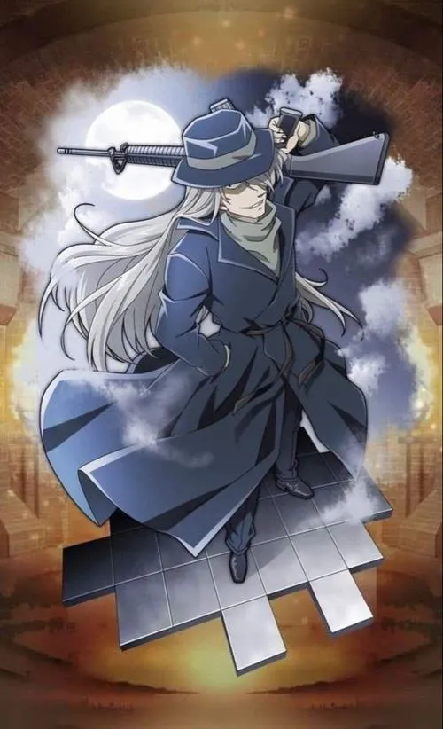 Ảnh Gin tạo dáng hành động, áo choàng tung, nền bánh răng làm khung hình ngầu kiểu anime