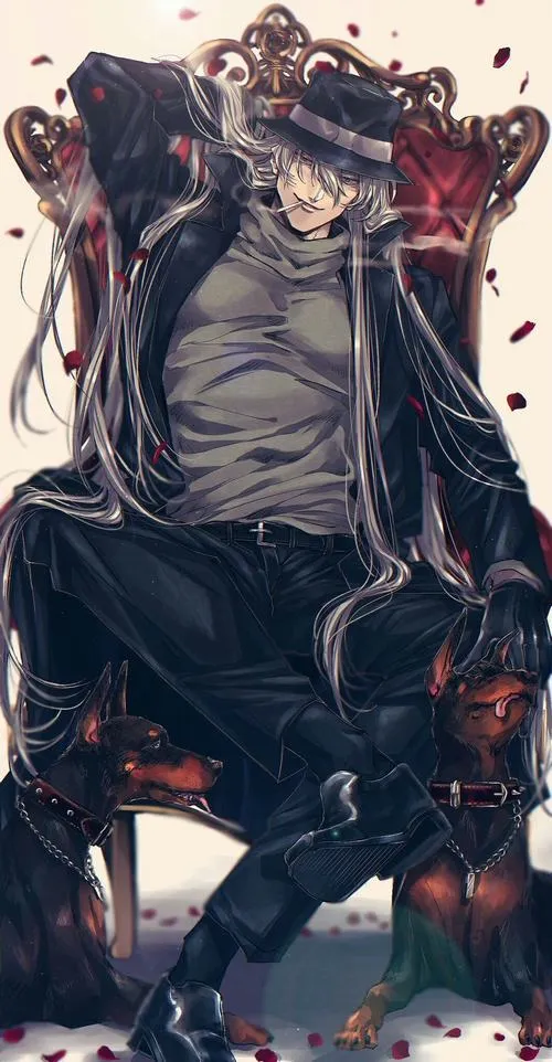 Ảnh fanart Gin trên nền tối đỏ, dáng ngồi lạnh lùng, măng tô đen tạo áp lực nặng nề