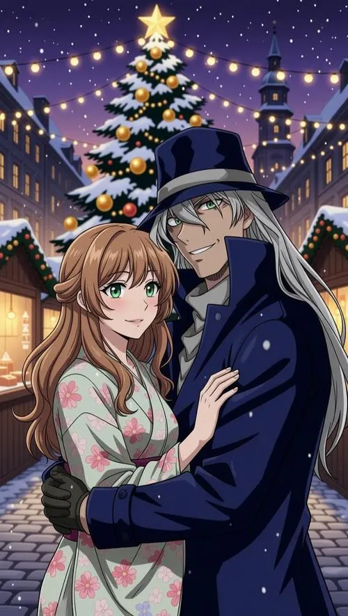 Hình Gin trong cảnh lễ hội, đứng cạnh Haibara, tông đêm và ánh đèn làm ảnh bìa lạ mắt