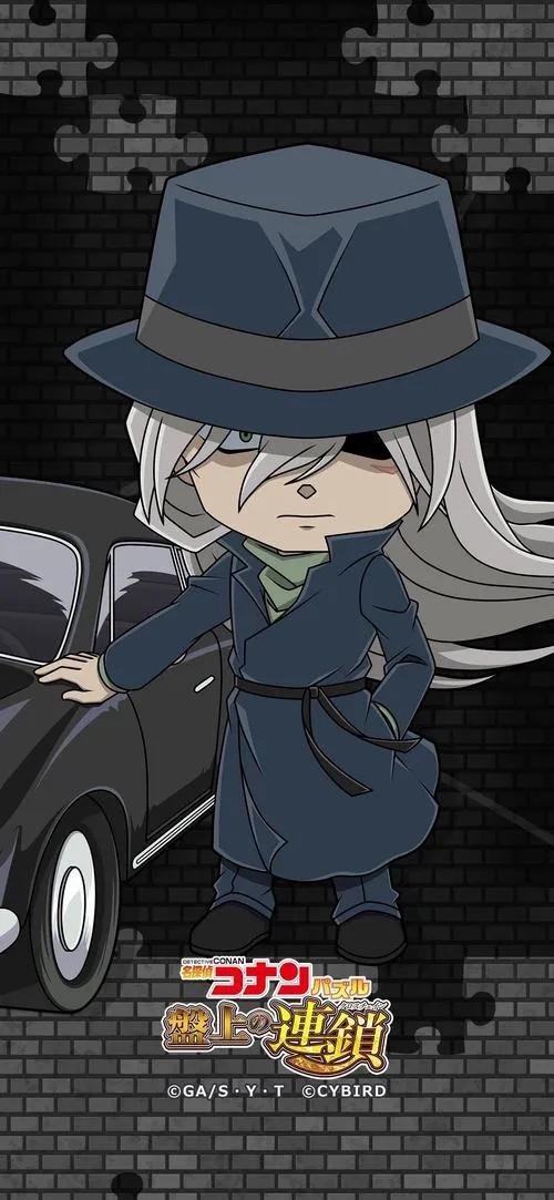 Ảnh anime chibi Gin đội mũ phớt, đứng cạnh xe, nét đáng yêu nhưng vẫn giữ chất lạnh