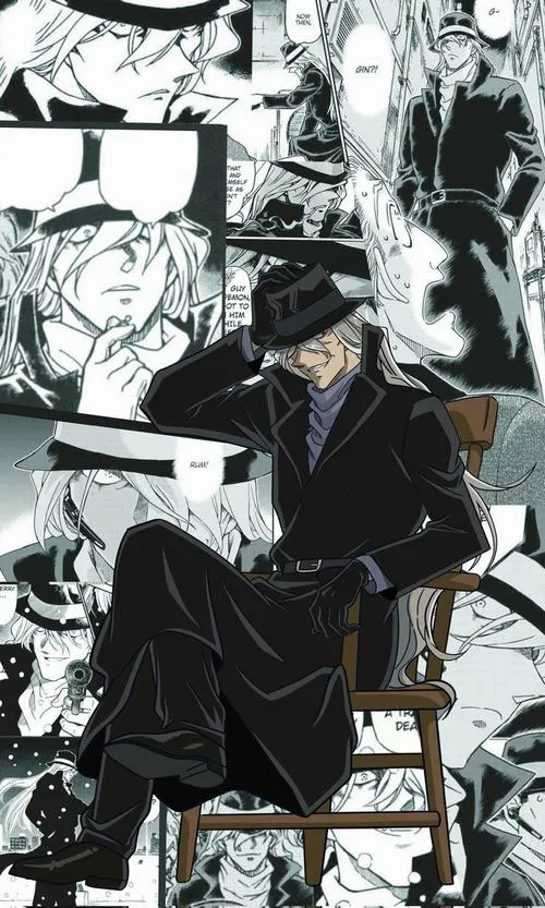 Hình Gin kiểu manga đen trắng, mũ phớt che mắt, ngồi trầm lặng, sát khí dày trong bóng tối