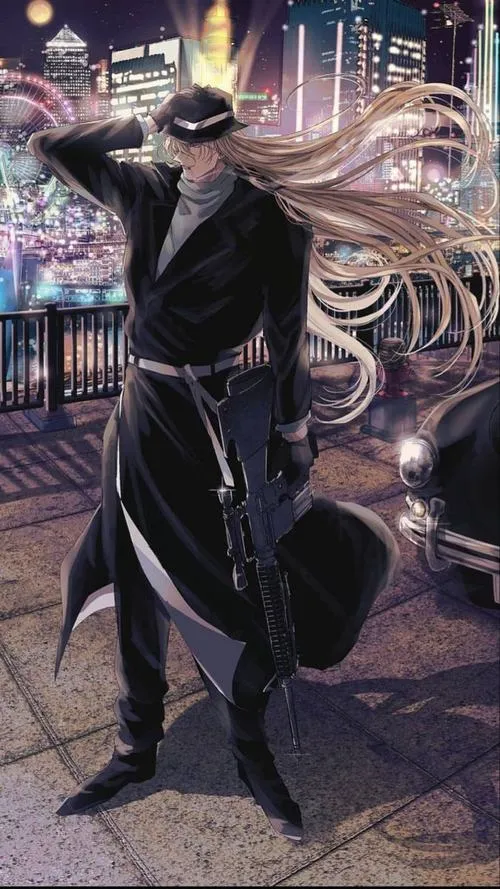 Ảnh fanart Gin đứng giữa phố đêm, tóc bạc bay dài, măng tô đen tạo cảm giác lạnh và ngầu