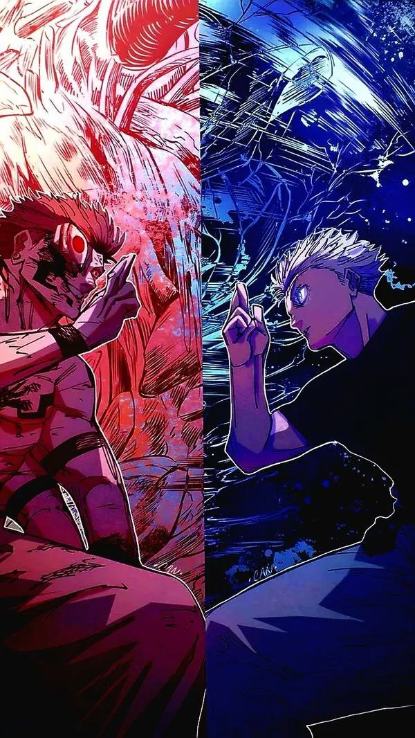 Hình anime Gojo đối đầu Sukuna tại Shinjuku, khói bụi dày, vibe ngầu rõ nét