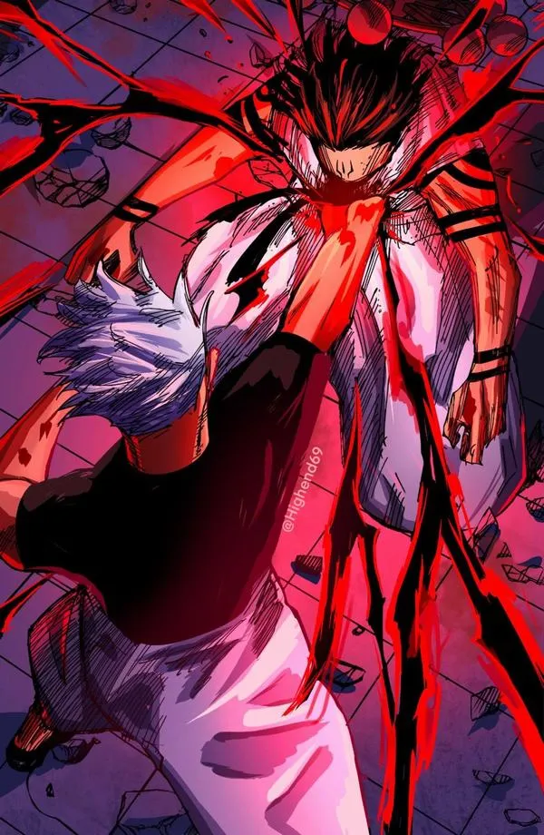 Ảnh bìa điện thoại Gojo vs Sukuna với hiệu ứng vỡ khung, tia lóe lạnh trên nền tối