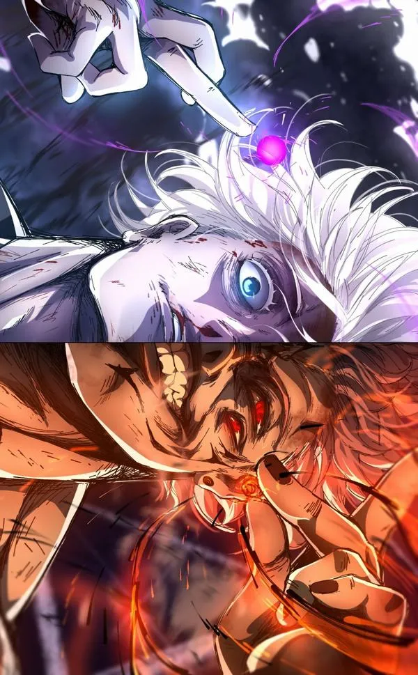 Hình anime Shinjuku bị tàn phá, bụi mảnh vụn dày, hai cực mạnh đứng đối diện