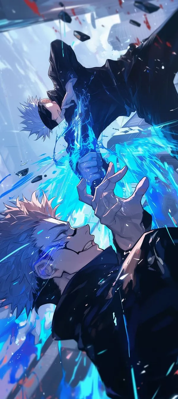 Hình nền anime Gojo lao vào cận chiến, trọng tâm thấp, góc vai gọn và chắc