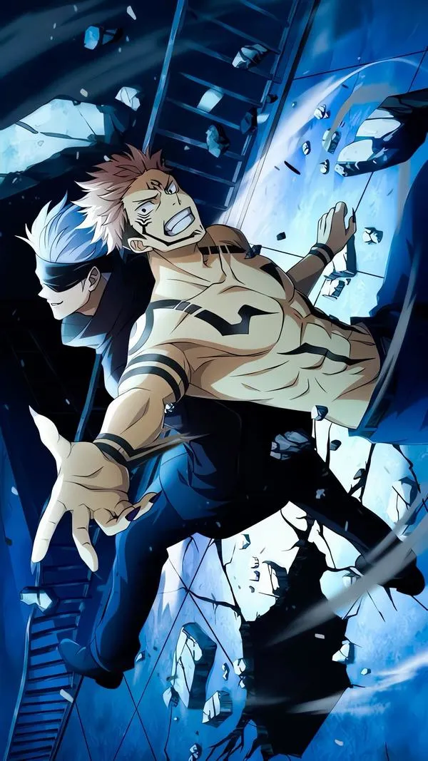 Hình nền PC Gojo vs Sukuna với hạt bụi bay dày, cảm giác nặng và nghẹt thở