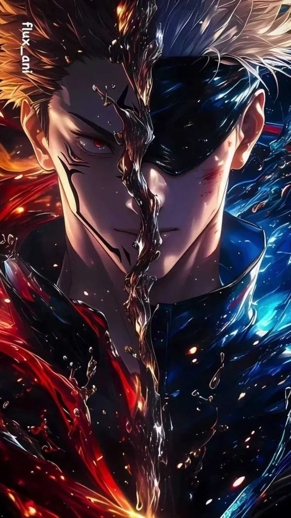 Ảnh fanart anime nhấn đối lập đỏ xanh trên nền xám, bố cục đối đầu cực gắt