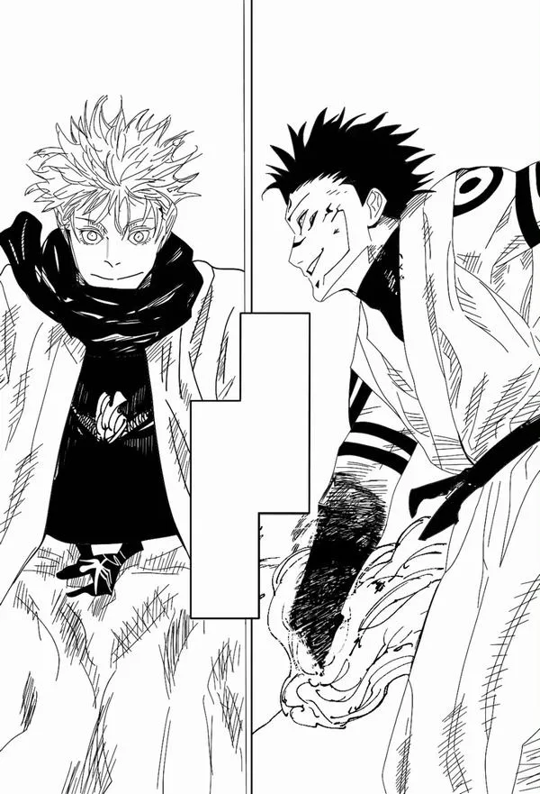 Ảnh manga cận tay Gojo hội tụ năng lượng, viền năng lượng loang như khói mỏng