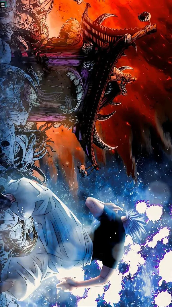 Hình nền đẹp Gojo tung Tử Hư Thức, ánh tím rạch nền xám, mảnh vỡ bay