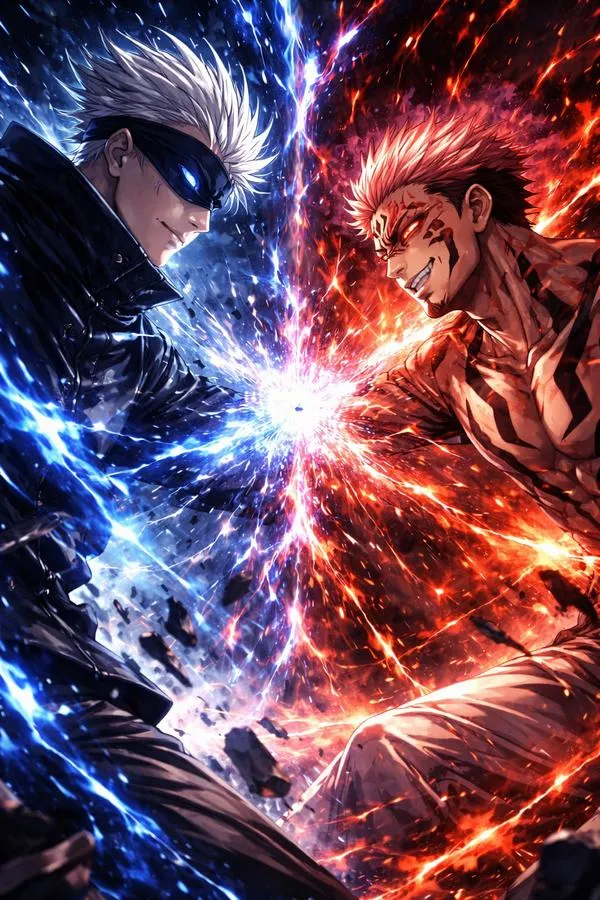 Ảnh fanart Gojo đối đầu Sukuna bành trướng lãnh địa, bố cục chính diện, tương phản sáng tối mạnh