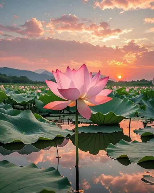 Nhịp gợn nước quanh bông sen nở tạo chiều sâu ảnh