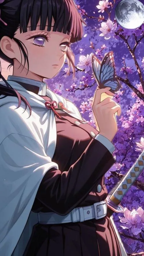 Note Kanao cầm kiếm cạnh hoa tử đằng, bố cục sạch, thần thái ngầu nổi bật tự nhiên