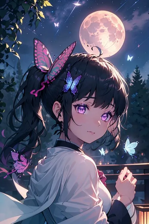 Ảnh Kanao dưới trăng tròn, quay lưng nhìn lại, tóc bay nhẹ, ngầu theo kiểu bí ẩn