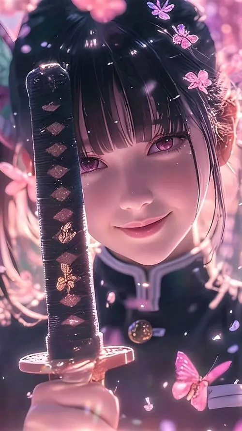 Tải ngay cận cảnh Kanao sau khung tre và hoa, ánh nhìn thẳng, vibe ngầu rất rõ