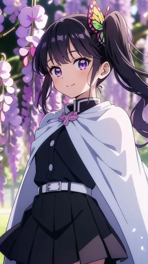 Set này Kanao đứng trước hoa tử đằng, áo choàng bay nhẹ, thần thái lạnh gọn đúng chủ đề ngầu