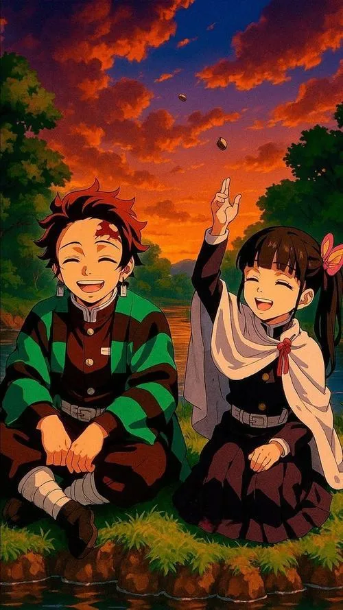 Tải ngay cảnh hoàng hôn ấm, hai nhân vật Kanao Tanjiro ngồi yên, hợp set ảnh anime để cân mood ngầu