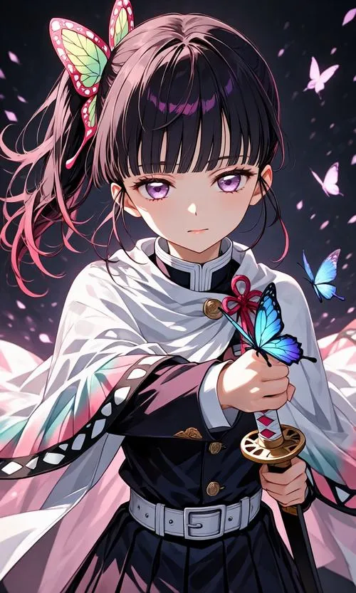 Chọn liền Kanao cầm kiếm trước ngực, bướm bay quanh vai, nền tối làm thần thái bật lên