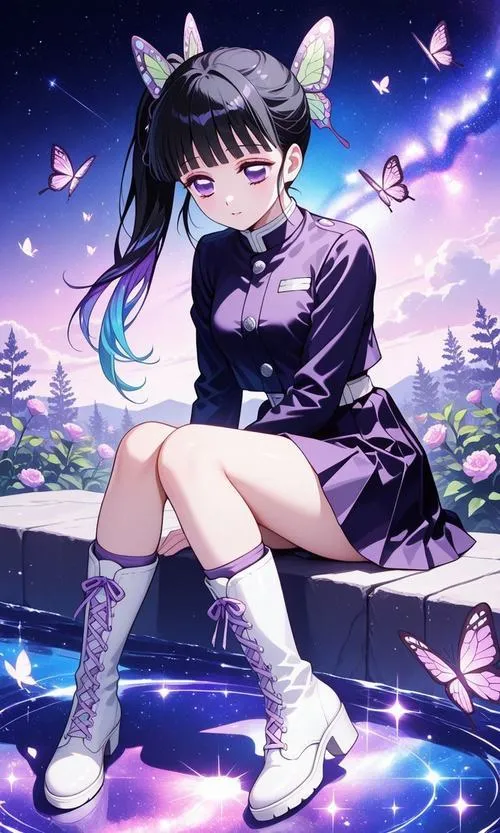 Ghim lại Kanao ngồi giữa ánh xanh huyền, chân bắt chéo tự tin, kiểu ngầu không cần gồng