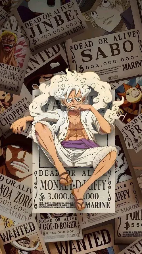 Hình Luffy 3D kiểu Gear 5 nằm trên nền báo, nổi khối rõ, vibe ảnh bìa ngầu