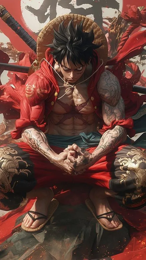 Ảnh Luffy 3 chiều ngồi khoanh tay, aura đỏ nóng, đổ bóng sâu, vibe ngầu lòi
