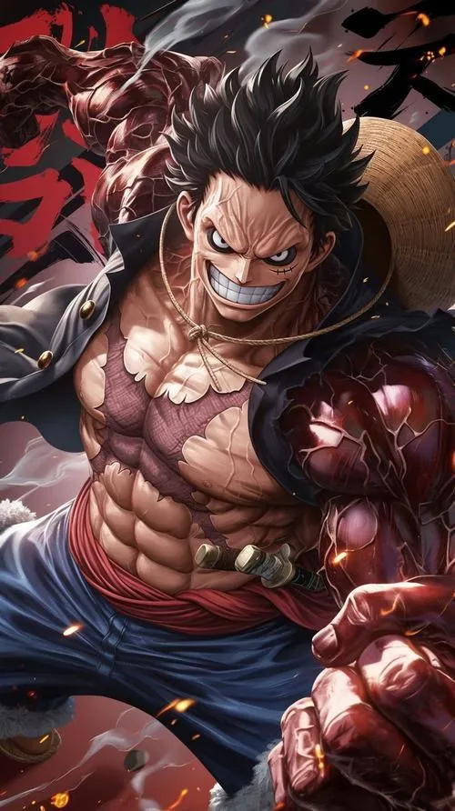 Ảnh Luffy 3D cơ bắp nổi khối, nắm đấm siết chặt, ánh mắt lì, hợp ảnh bìa 4K