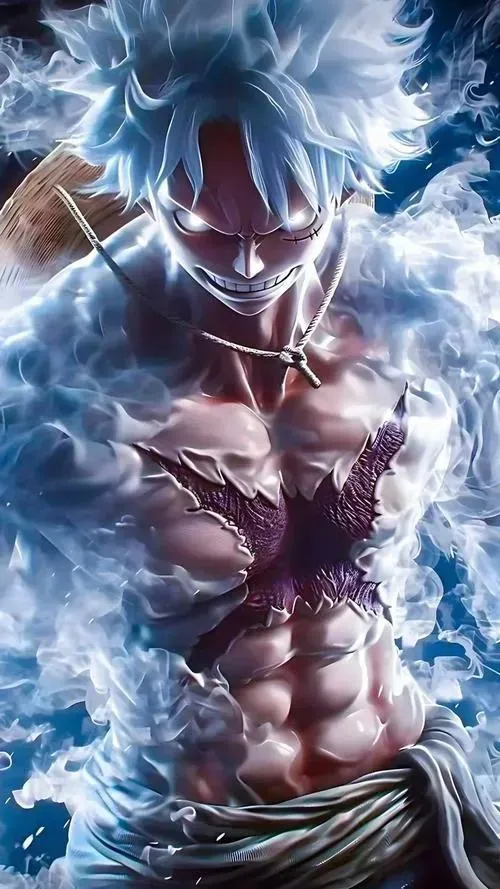 Ảnh Luffy 3D tông xanh lạnh, cơ thể sắc nét, phản sáng nhẹ, nhìn như render game cinematic