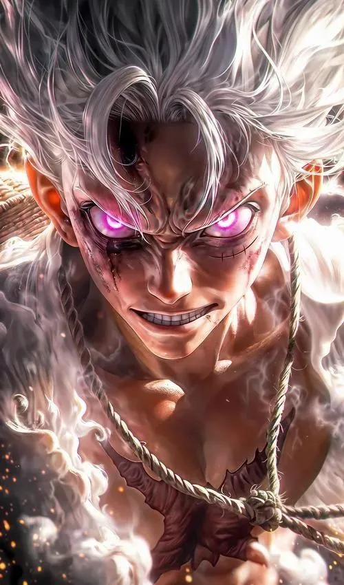 Ảnh Luffy 3 chiều cận mặt ánh tím, biểu cảm thách thức, hạt bụi bay, cực hút mắt