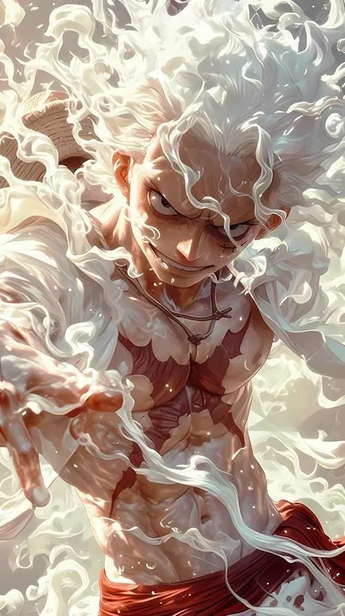 Ảnh Luffy 3D Gear 5 trắng khói, ánh viền mảnh, nền sáng dịu, hợp avatar sạch sẽ