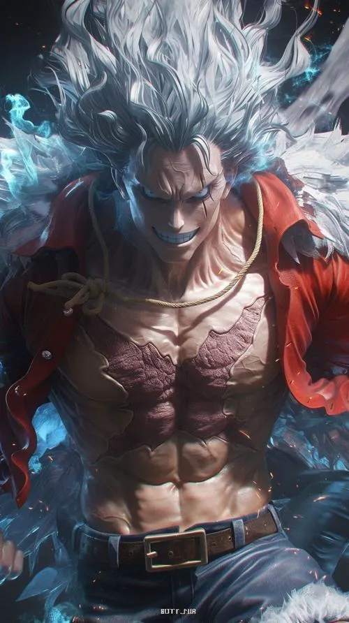 Hình nền Luffy 3 chiều body lực, áo khoác đỏ, nền xanh đậm, cảm giác chiến binh ngầu