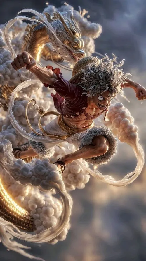 Ảnh Luffy 3D lao xoáy giữa vòng khói vàng, motion blur nhẹ, bố cục mạnh, chuẩn 4K