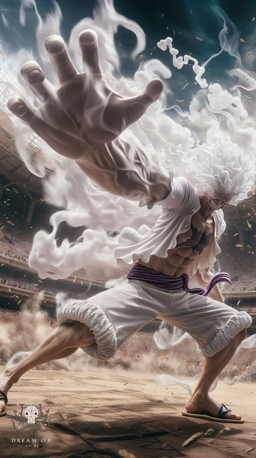 Ảnh Luffy 3 chiều giơ tay trong mây trắng, nền tối thoáng, cảm giác bùng nổ mà vẫn đẹp