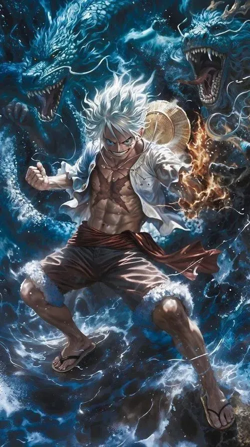 Hình nền Luffy 3D aura xanh băng, hiệu ứng khói dày, cảm giác chiến đấu căng như anime