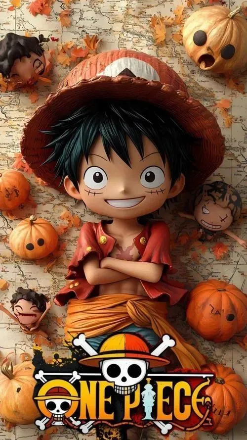 Ảnh fanart Luffy 3 chiều chibi đáng yêu, nền bí ngô vui mắt, hợp ảnh bìa đẹp